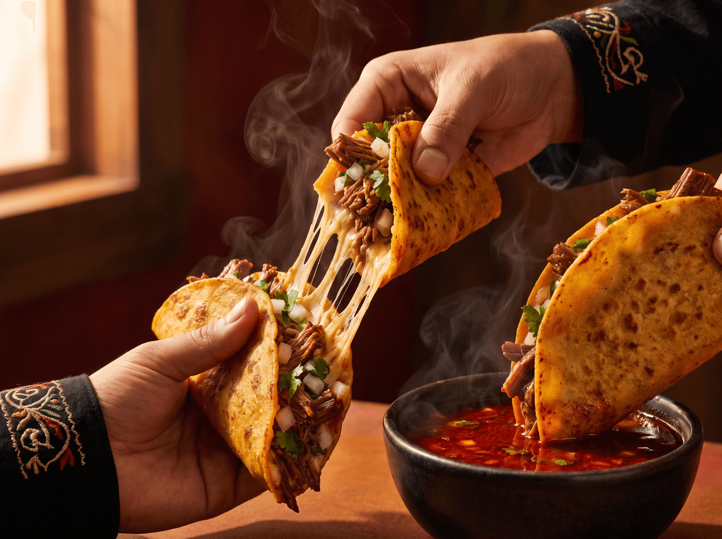 Birria tacos dunked in consomme